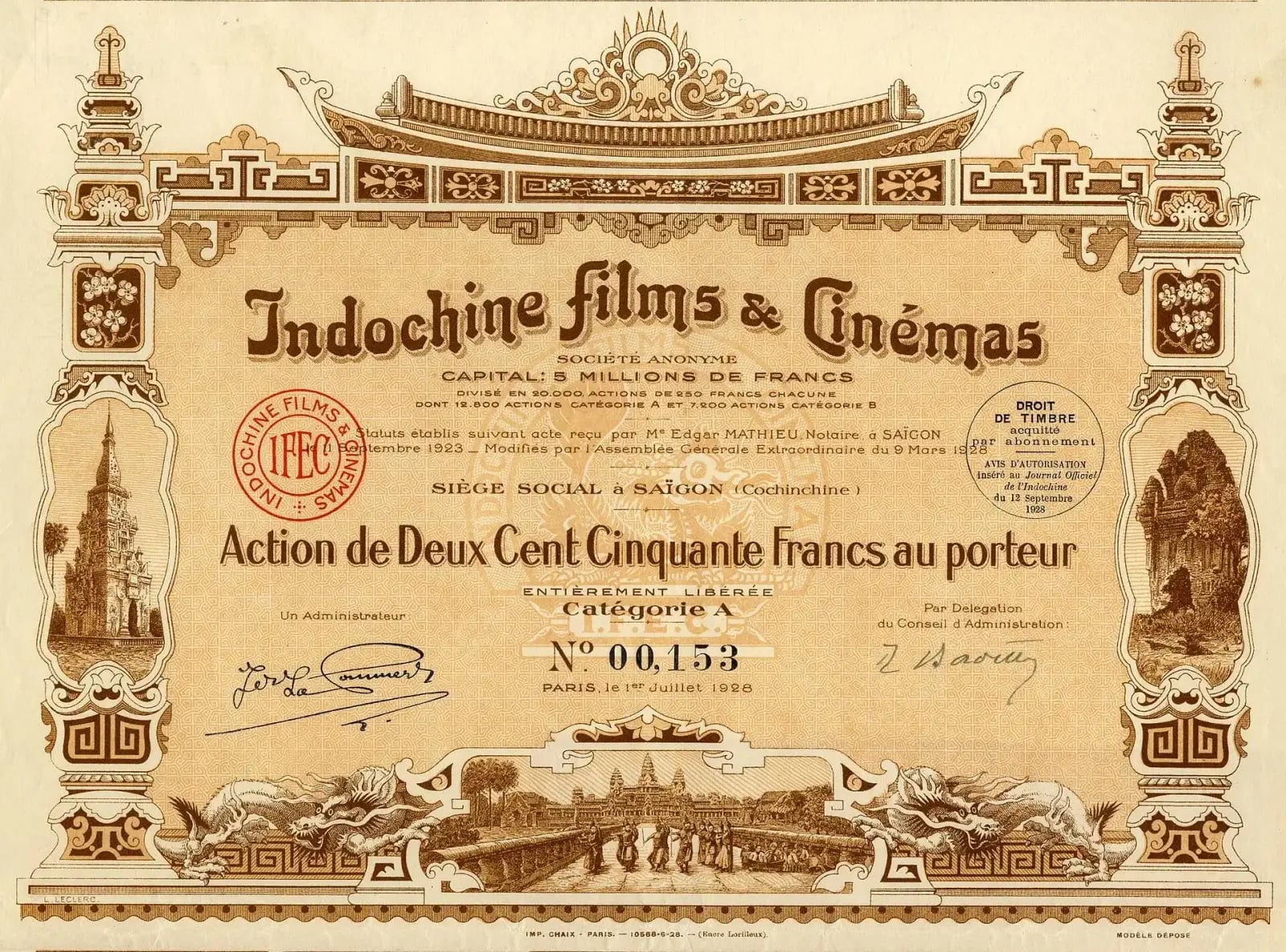 Cổ phiếu hãng Indochine Films & Cinémas năm 1928